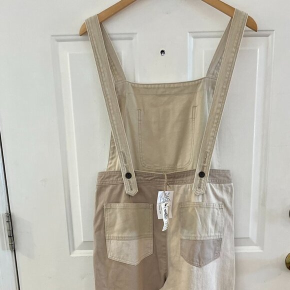 Easel Los Angeles Farmhouse Hippie Festival Tan Denim Patchwork Overalls Sz SM - Picture 7 of 12